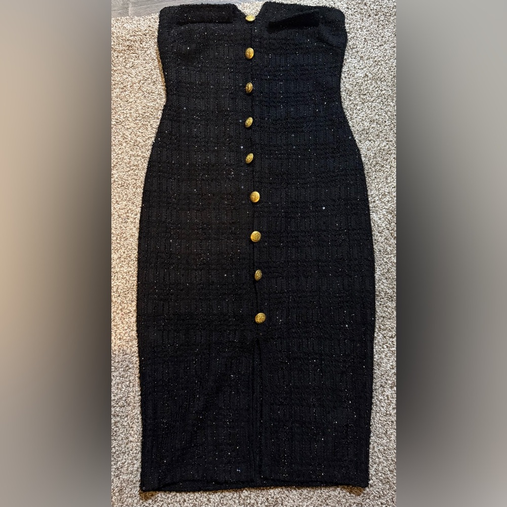 Akira medium tweed like strapless dress elegant party cocktail gold black